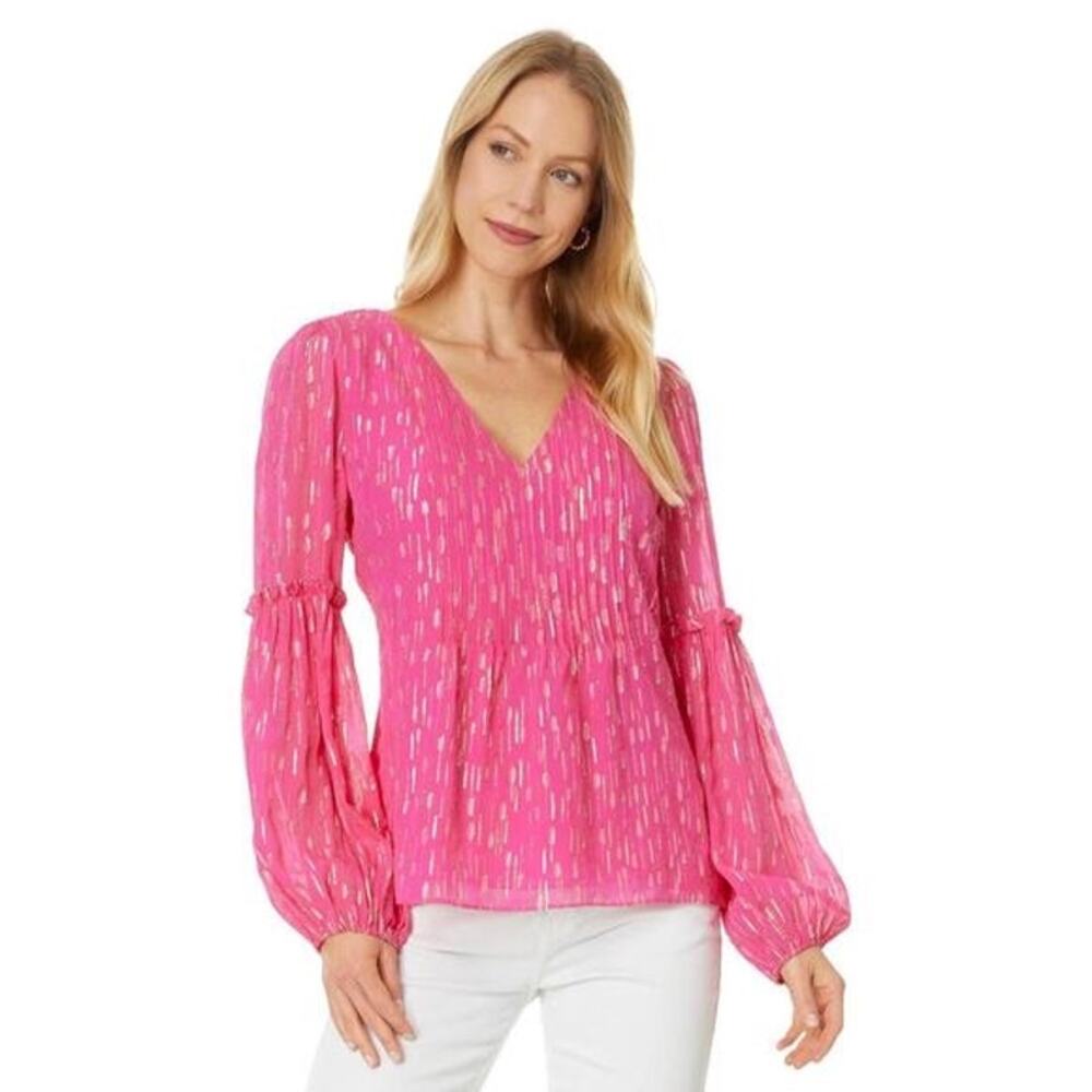 Lilly Pulitzer Cleme Passion Fruit Pink Metallic Gold Clip Dot V-Neck Blouse 14
